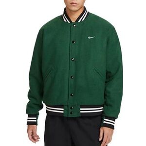 Nike Green Varsity-Style Bomber Jacket with Striped Trim